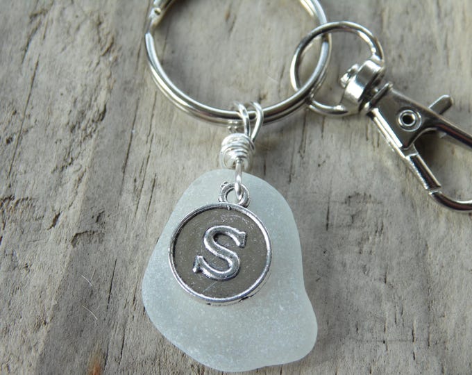 Initial 'S' White Cornish Sea Glass ~ Bag Charm ~ Key Ring