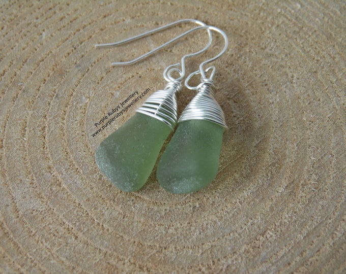 Sage Green Mermaids Tears Cornish Sea Glass Earrings