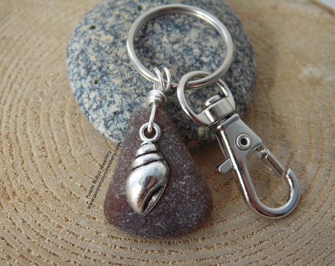 Amber Cornish Sea Glass with Sea Shell Charm ~ Bag Charm ~ Key Ring