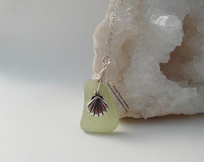 Light Green Cornish Sea Glass with Seashell Charm Necklace