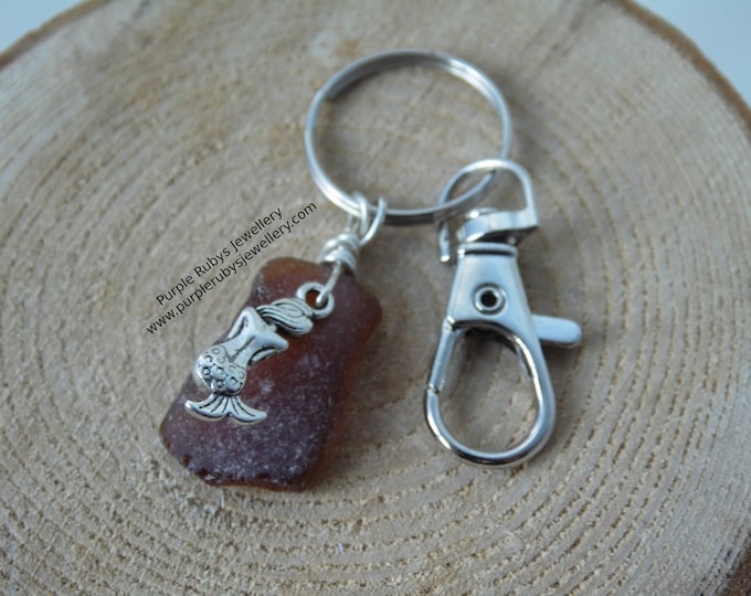 Amber Sea Glass with Mermaid Charm ~ Bag Charm ~ Key Ring