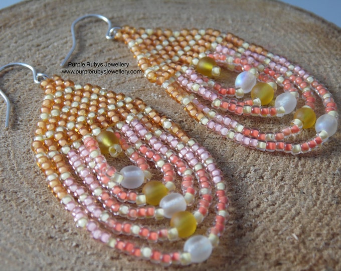 Peach & Orange Beaded Teardrop Earrings