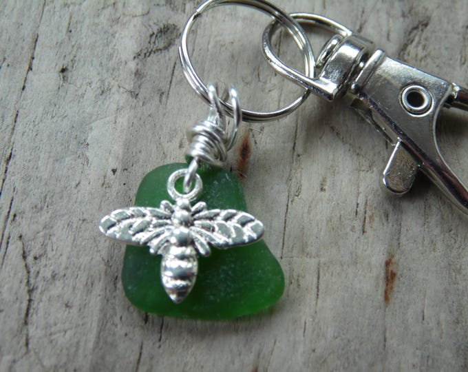 Bottle Green Cornish Sea Glass with Bee Charm Key Ring ~ Bag Charm