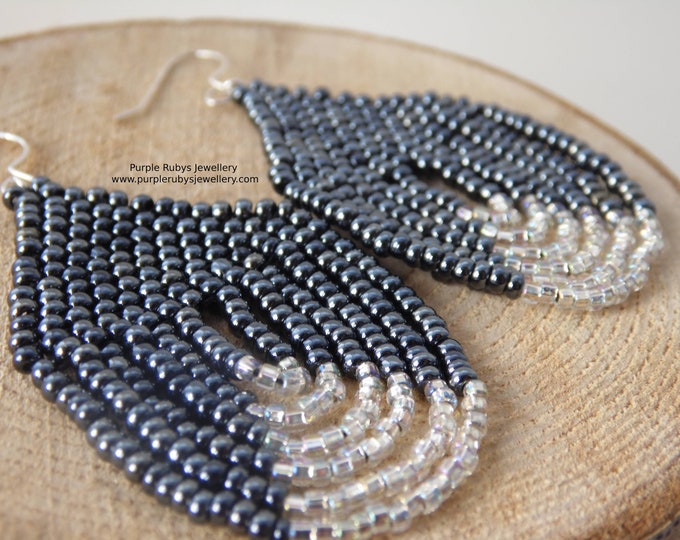 Gun Metal Lustre & Silver Beaded Teardrop Earrings