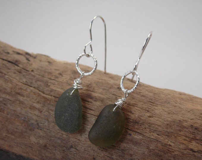 Dainty Olive Marazion Cornish Sea Glass Earrings on Diamond Cut Rings