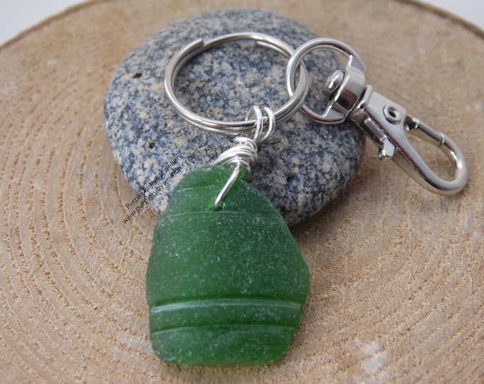 Bright Green Bottle Neck Sea Glass ~ Bag Charm ~ Key Ring