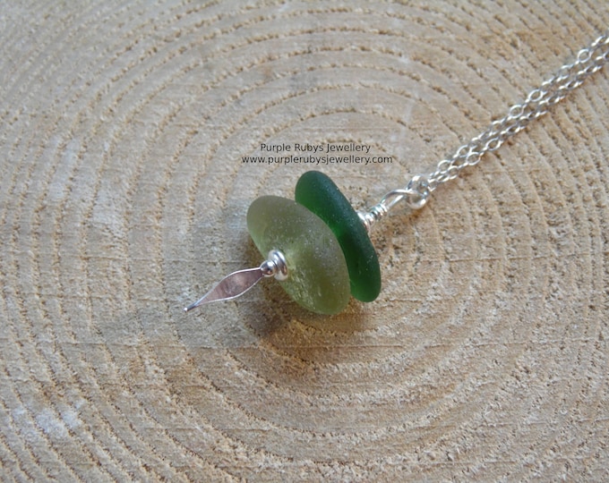 Lime & Dark Bottle Green Cornish Sea Glass Stack Spear Necklace