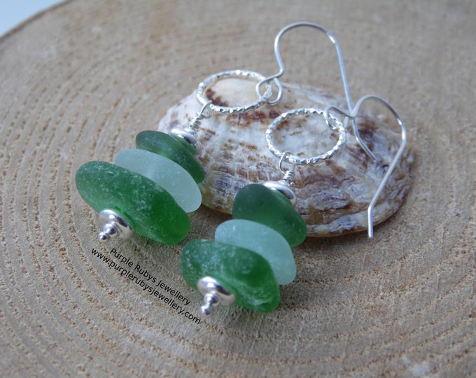 Penzance Portreath Sea Glass Stack in Bottle Green & Seafoam on Diamond Cut Rings Earrings