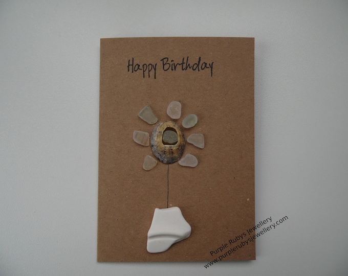 White & Seafoam Sea Glass Flower in White Pottery Vase Happy Birthday Card