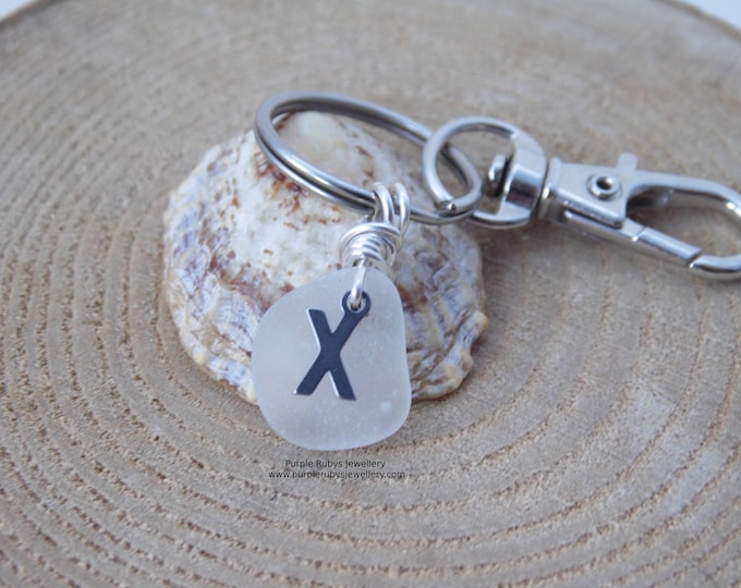 Initial 'X' White Cornish Sea Glass ~ Bag Charm ~ Key Ring
