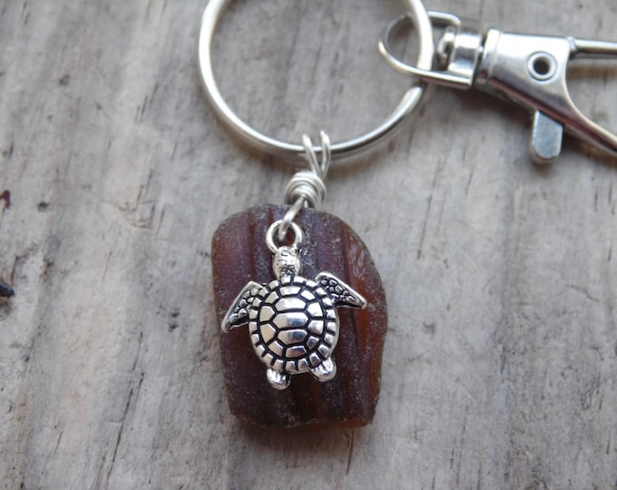Amber Ridged Cornish Sea Glass with Turtle Charm ~ Bag Charm ~ Key Ring