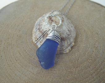 Deep Blue Lyme Regis Bonfire Sea Glass on Diamond Cut Ring Necklace