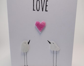 Sea Glass Birds Pink Two Tone Heart Love Valentines Wedding Engagement Card