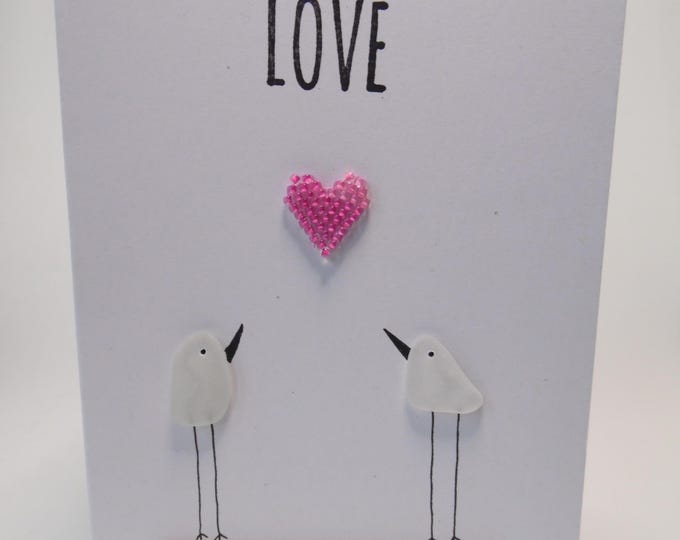 Sea Glass Birds Pink Two Tone Heart Love Valentines Wedding Engagement Card