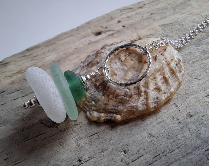 White, Sage & Bright Green Marazion Sea Glass Stack on Diamond Cut Ring Necklace