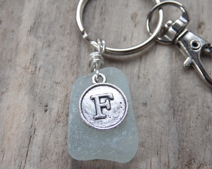 Initial 'F' Seafoam Cornish Sea Glass ~ Bag Charm ~ Key Ring