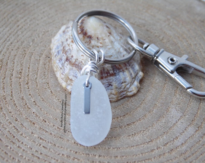 Initial 'I' White Cornish Sea Glass ~ Bag Charm ~ Key Ring