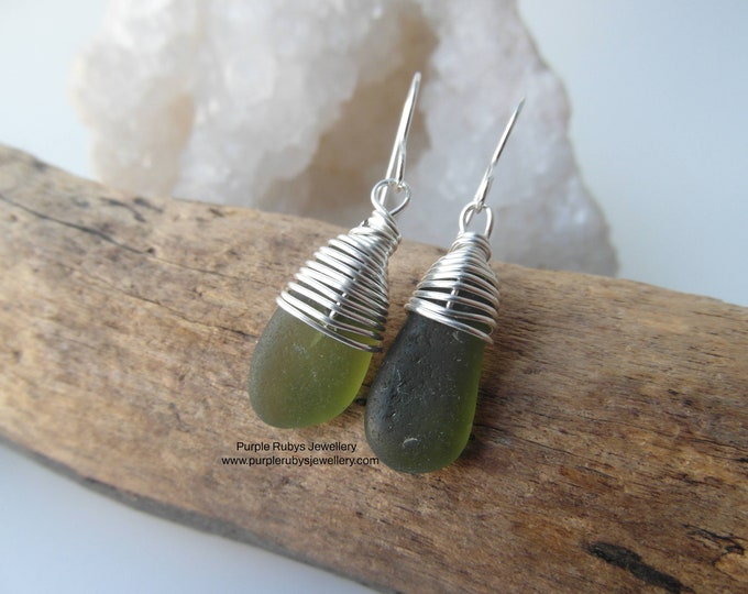 Olive Green Mermaids Tears Cornish Sea Glass Earrings