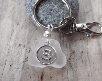 Initial 'S' White Cornish Sea Glass ~ Bag Charm ~ Key Ring