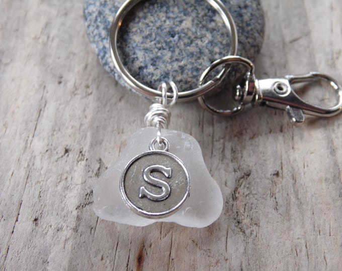 Initial 'S' White Cornish Sea Glass ~ Bag Charm ~ Key Ring
