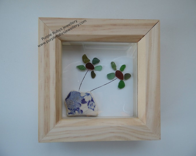 Green Cornish Sea Glass Flowers in Blue Pottery Vase Picture