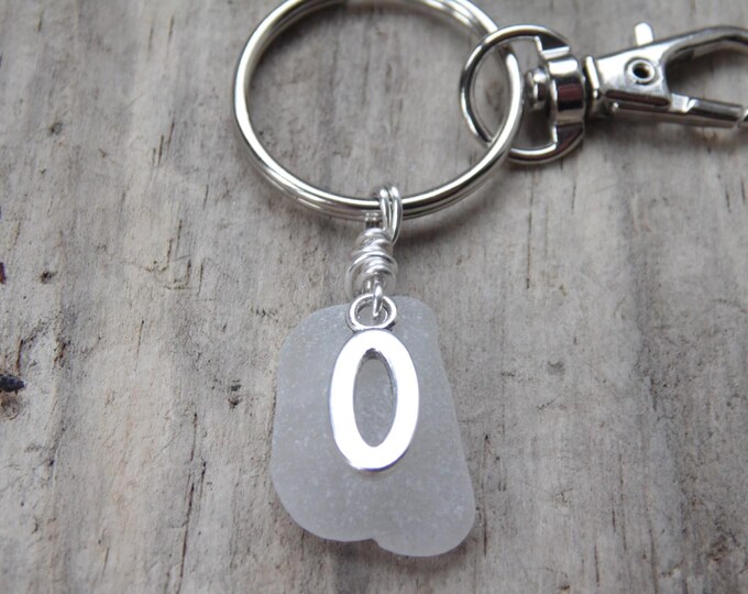 Initial 'O' White Cornish Sea Glass ~ Bag Charm ~ Key Ring