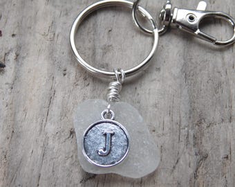 Initial 'J' White Cornish Sea Glass ~ Bag Charm ~ Key Ring