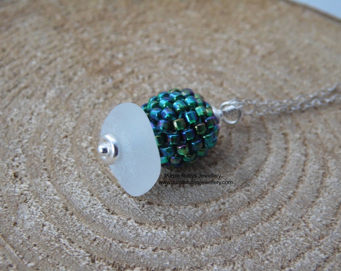 Deep Green Aurora Bead & White Cornish Sea Glass Stack Necklace