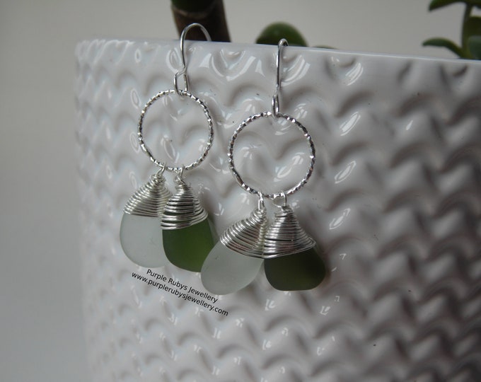 Seafoam & Dainty Greens Cornish Sea Glass on Diamond Cut Rings Earrings Marazion Portreath