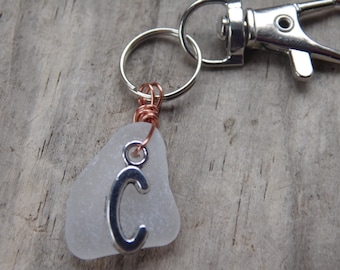 Initial 'C' White Cornish Sea Glass ~ Bag Charm ~ Key Ring