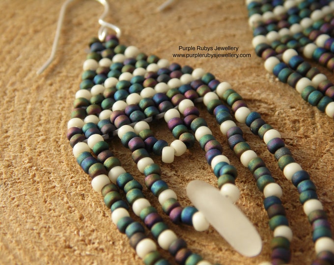 White Sea Glass & Peacock Beaded Teardrop Earrings