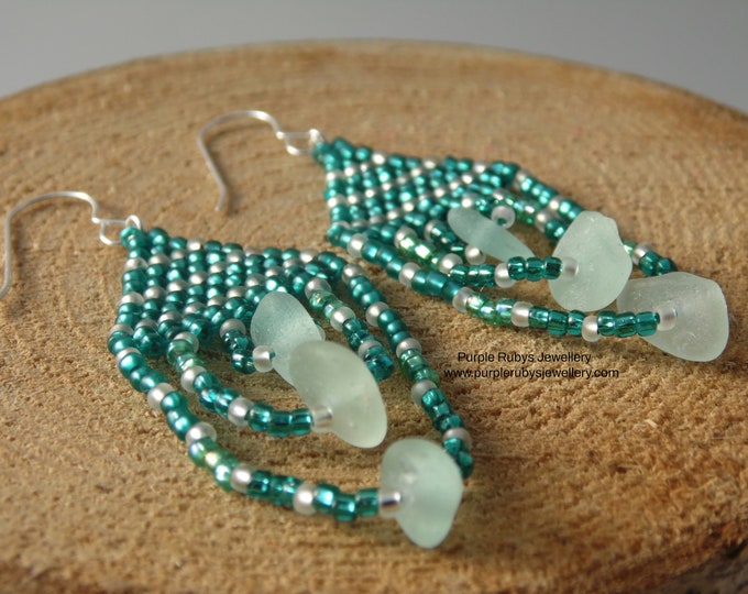 Seafoam Sea Glass & Teal Beaded Teardrop Earrings