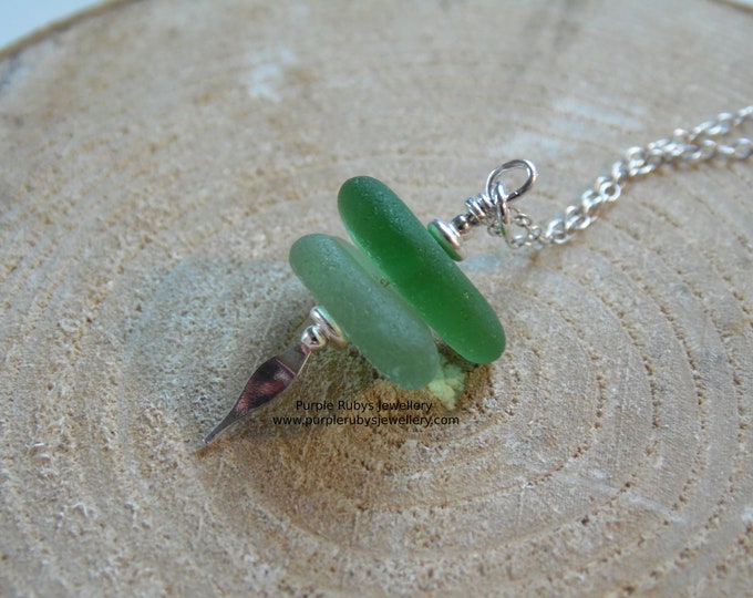 Lime & Bright Bottle Green Cornish Sea Glass Stack Spear Necklace