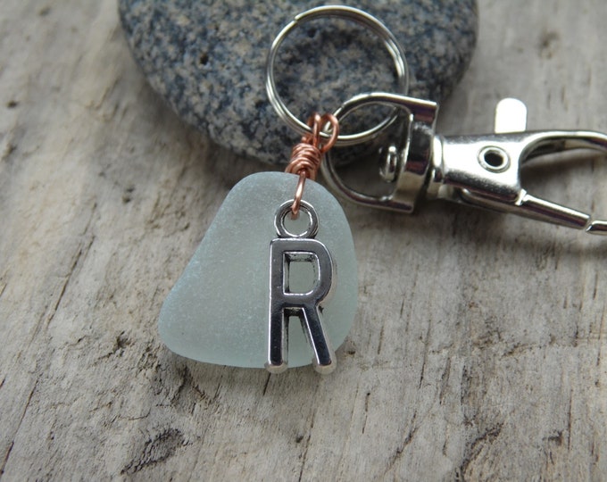 Initial 'R White Cornish Sea Glass ~ Bag Charm ~ Key Ring