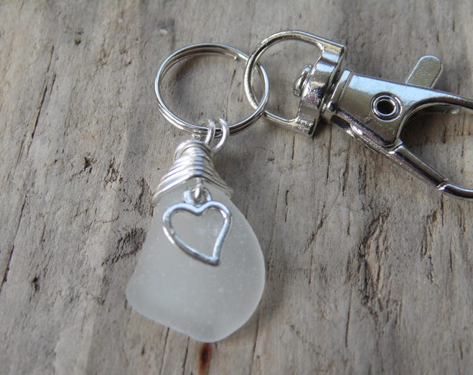 White Cornish Sea Glass with Heart Charm Key Ring ~ Bag Charm