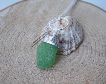 Bottle Green Portreath Sea Glass on Diamond Cut Ring Necklace