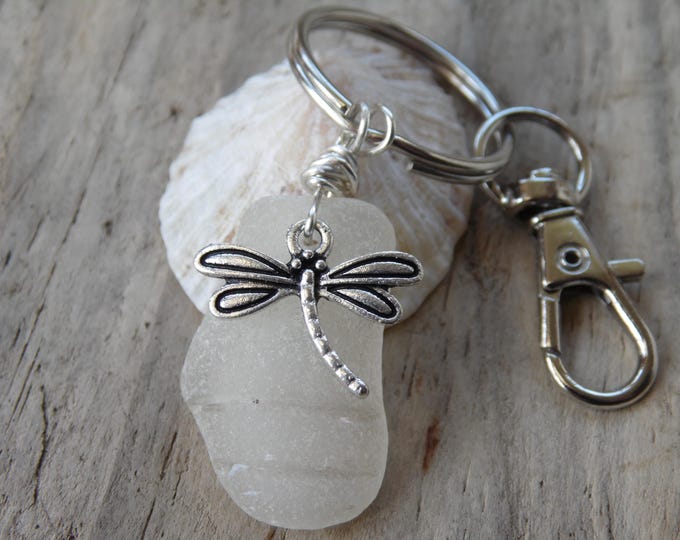 White Bottle Neck Cornish Sea Glass with Dragonfly Charm Key Ring ~ Bag Charm