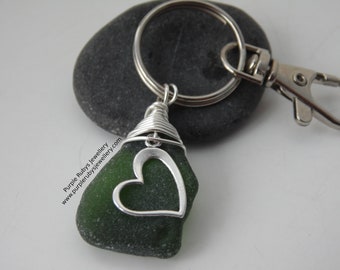 Olive Green Sea Glass with Heart Charm ~ Bag Charm ~ Key Ring