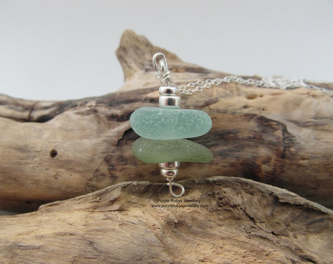 Greens and Seafoam Cornish Sea Glass Stack Necklace