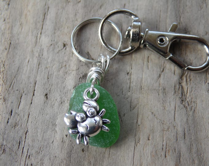 Bottle Green Cornish Sea Glass with Crab Charm Key Ring ~ Bag Charm