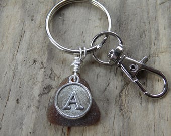 Initial 'A' Amber Cornish Sea Glass ~ Key Ring ~ Bag Charm