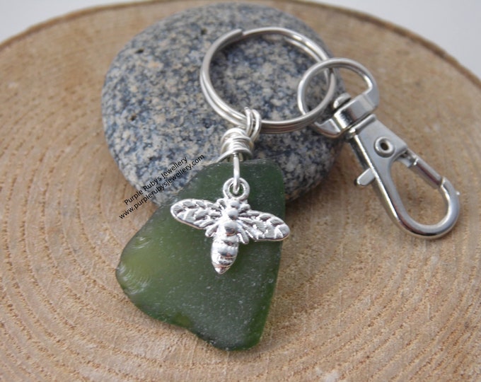 Olive Green Sea Glass with Bee Charm ~ Bag Charm ~ Key Ring