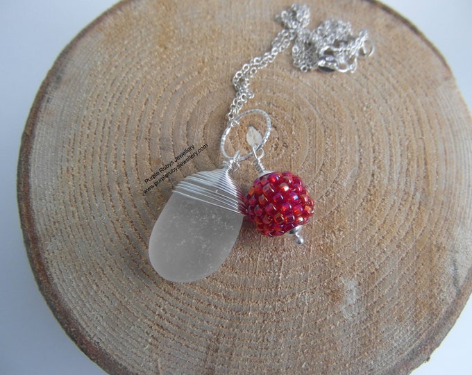 Pink Aurora Bead with White Cornish Sea Glass on a Diamond Cut Silver Ring