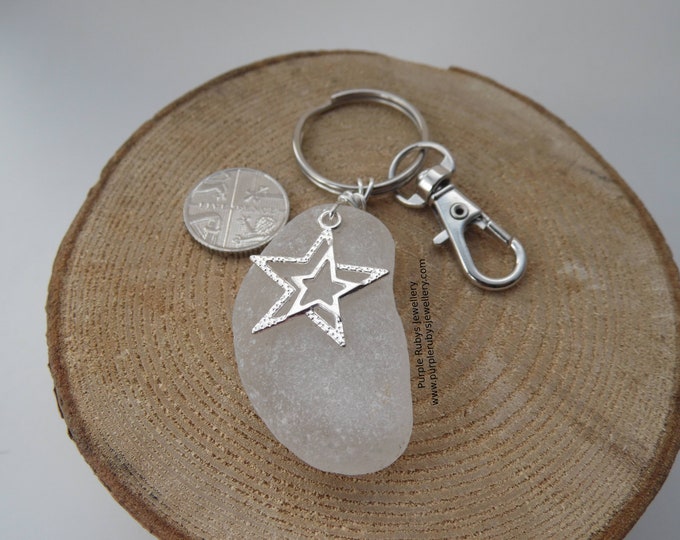 Chunky White Sea Glass with Double Stars Charm ~ Bag Charm ~ Key Ring