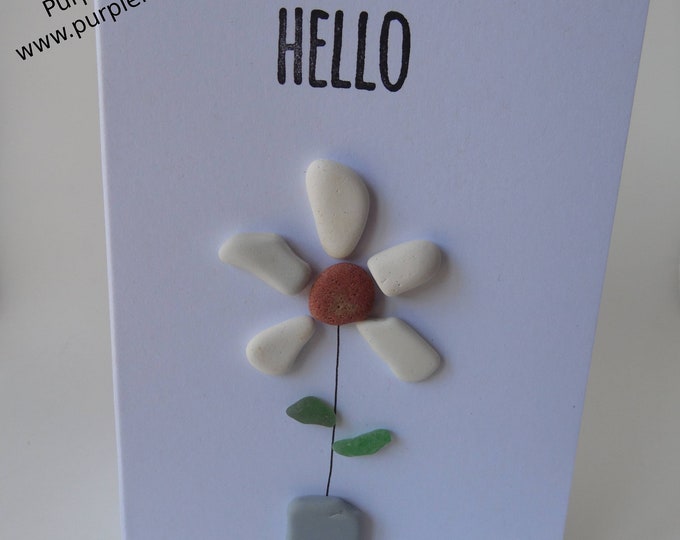 White Sea Pottery Flower in Blue Sea Pottery Vase 'Hello' Card