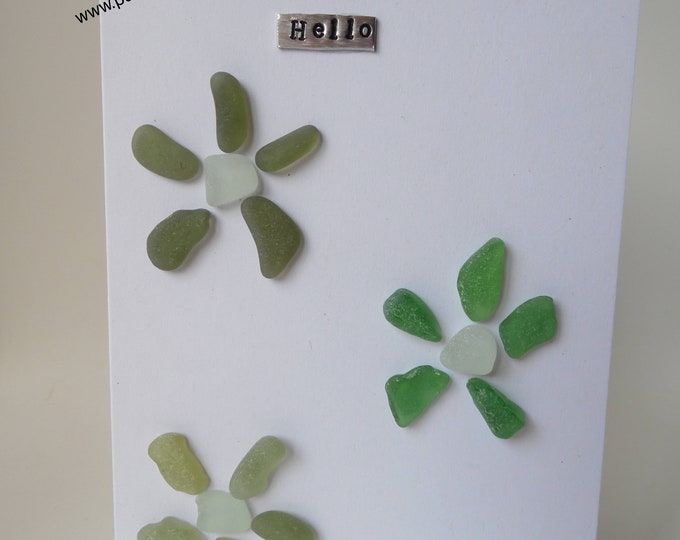 Trio of Green Sea Glass Flowers 'Hello' Card