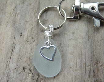 Seafoam Cornish Sea Glass with Heart Charm ~ Bag Charm ~ Key Ring