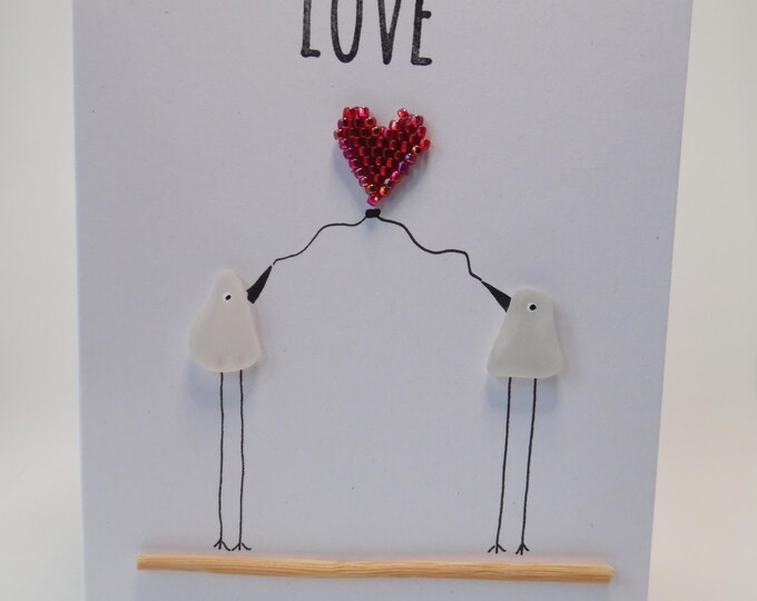 Sea Glass Birds Red Pink Heart Love Valentines Wedding Engagement Card