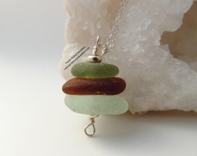 Seafoam, Amber & Olive Cornish Sea Glass Stack Necklace