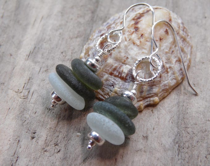White & Olive Cornish Sea Glass Stack Earrings Marazion Portreath